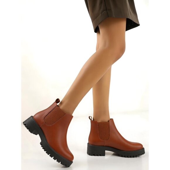 Girls Brown Pull-On Fall Chelsea Boots Water-Resistant PU Ankle Heel Boots - Picture 7 of 7